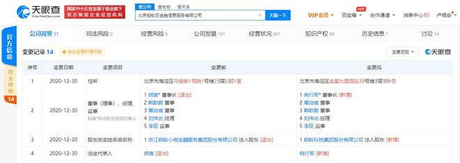 胡喜卸任北京蚂蚁云金融信息服务法定代表人，倪行军接任并新增经济贸易咨询业务